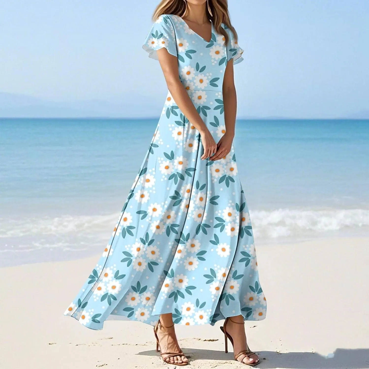 Women's Cruise Outfits 2025 Casual Loose Trendy Chiffon Short Sleeve V-Neck Floral Print Maxi Dress Clothes, XS-2XL