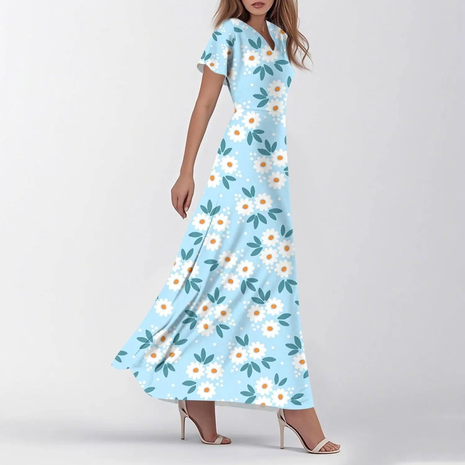 Women's Cruise Outfits 2025 Casual Loose Trendy Chiffon Short Sleeve V-Neck Floral Print Maxi Dress Clothes, XS-2XL