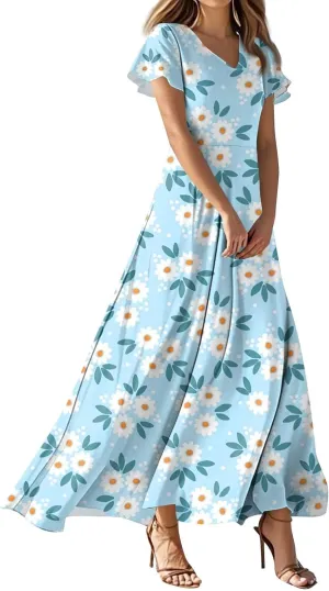 Women's Cruise Outfits 2025 Casual Loose Trendy Chiffon Short Sleeve V-Neck Floral Print Maxi Dress Clothes, XS-2XL