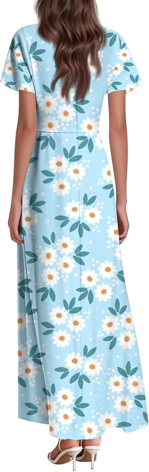 Women's Cruise Outfits 2025 Casual Loose Trendy Chiffon Short Sleeve V-Neck Floral Print Maxi Dress Clothes, XS-2XL