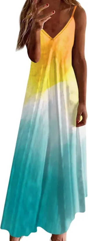 Women's Summer Casual Sleeveless Beach Dress V Neck Tie Dye Boho Long Dress Spaghetti Strap Flowy Maxi Sun Dresses