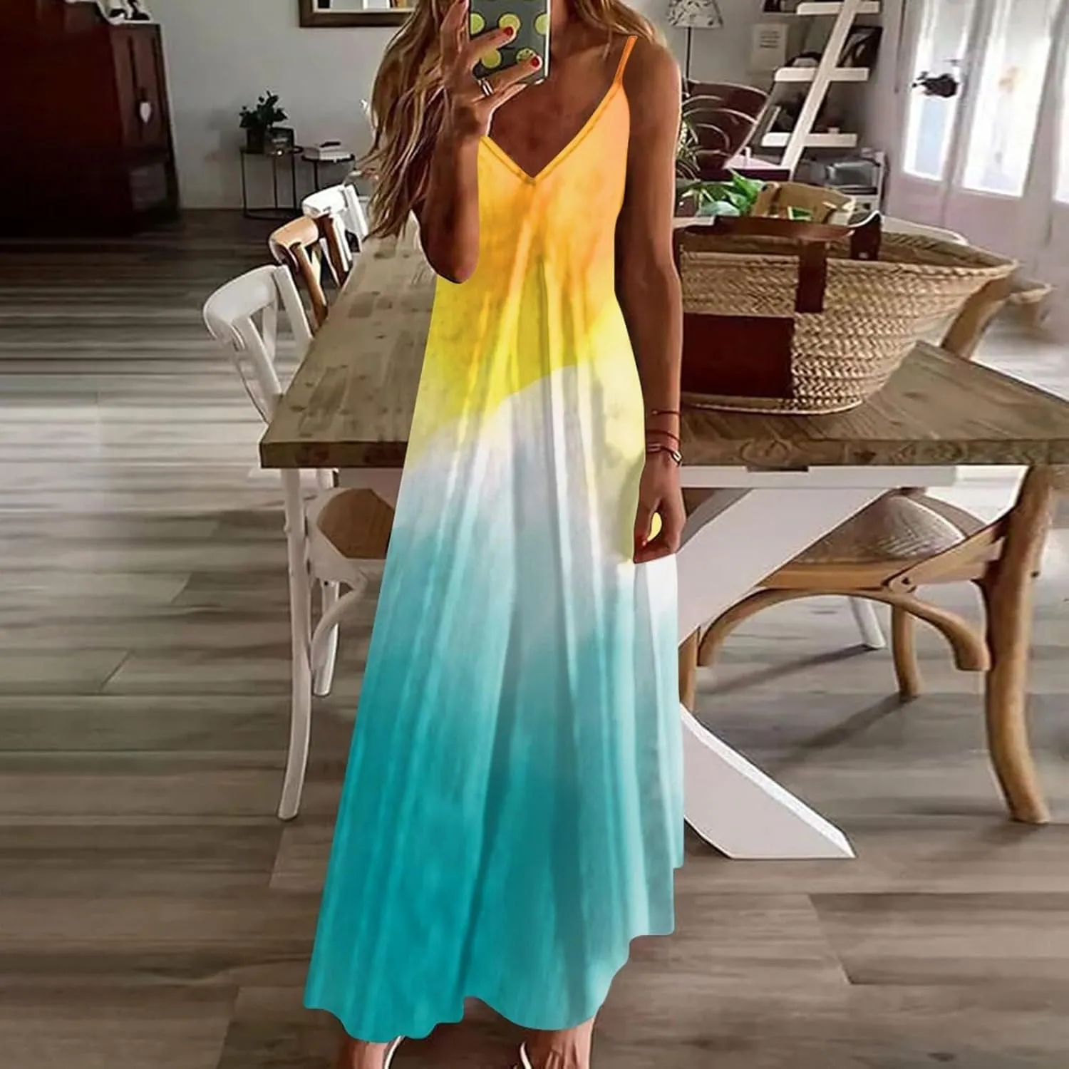 Women's Summer Casual Sleeveless Beach Dress V Neck Tie Dye Boho Long Dress Spaghetti Strap Flowy Maxi Sun Dresses