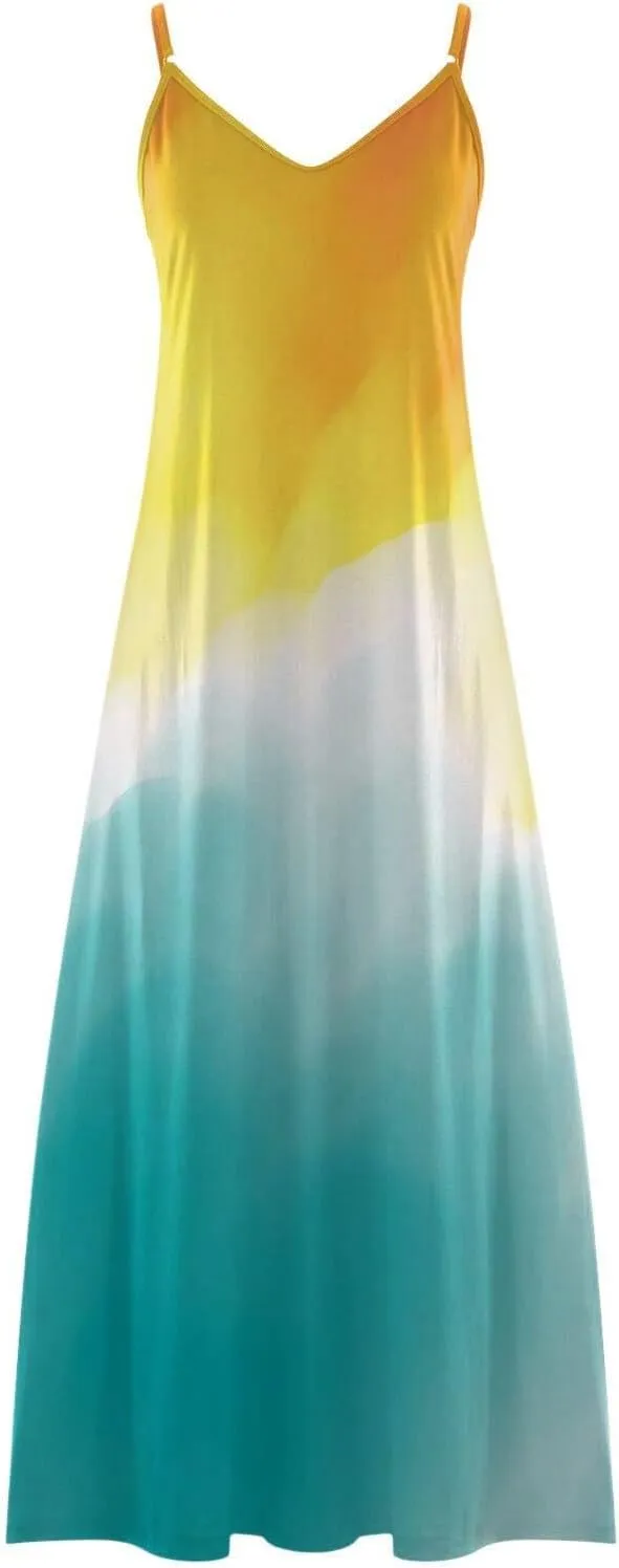 Women's Summer Casual Sleeveless Beach Dress V Neck Tie Dye Boho Long Dress Spaghetti Strap Flowy Maxi Sun Dresses