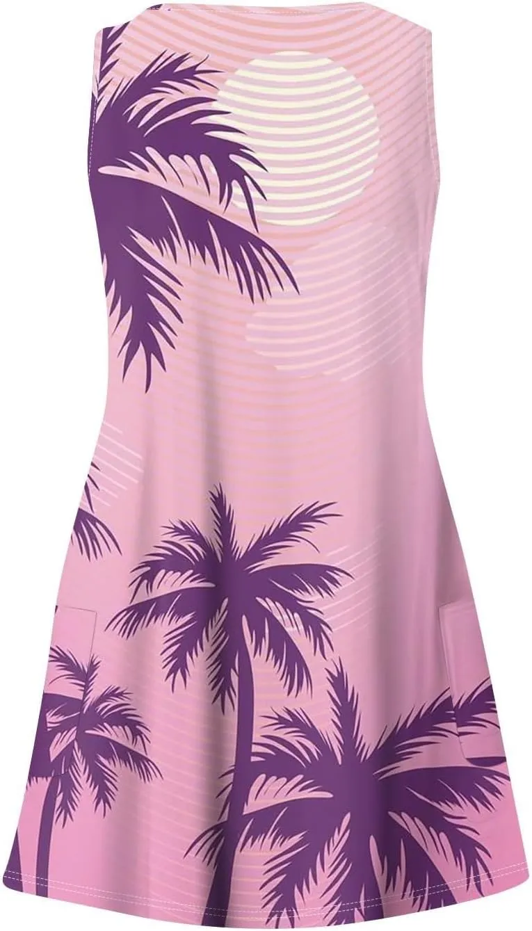 Women's Summer Dresses Beach Floral Tshirt Sundress 2025 Casual Sleeveless Tank Loose Boho U Neck Vacation Sundresses