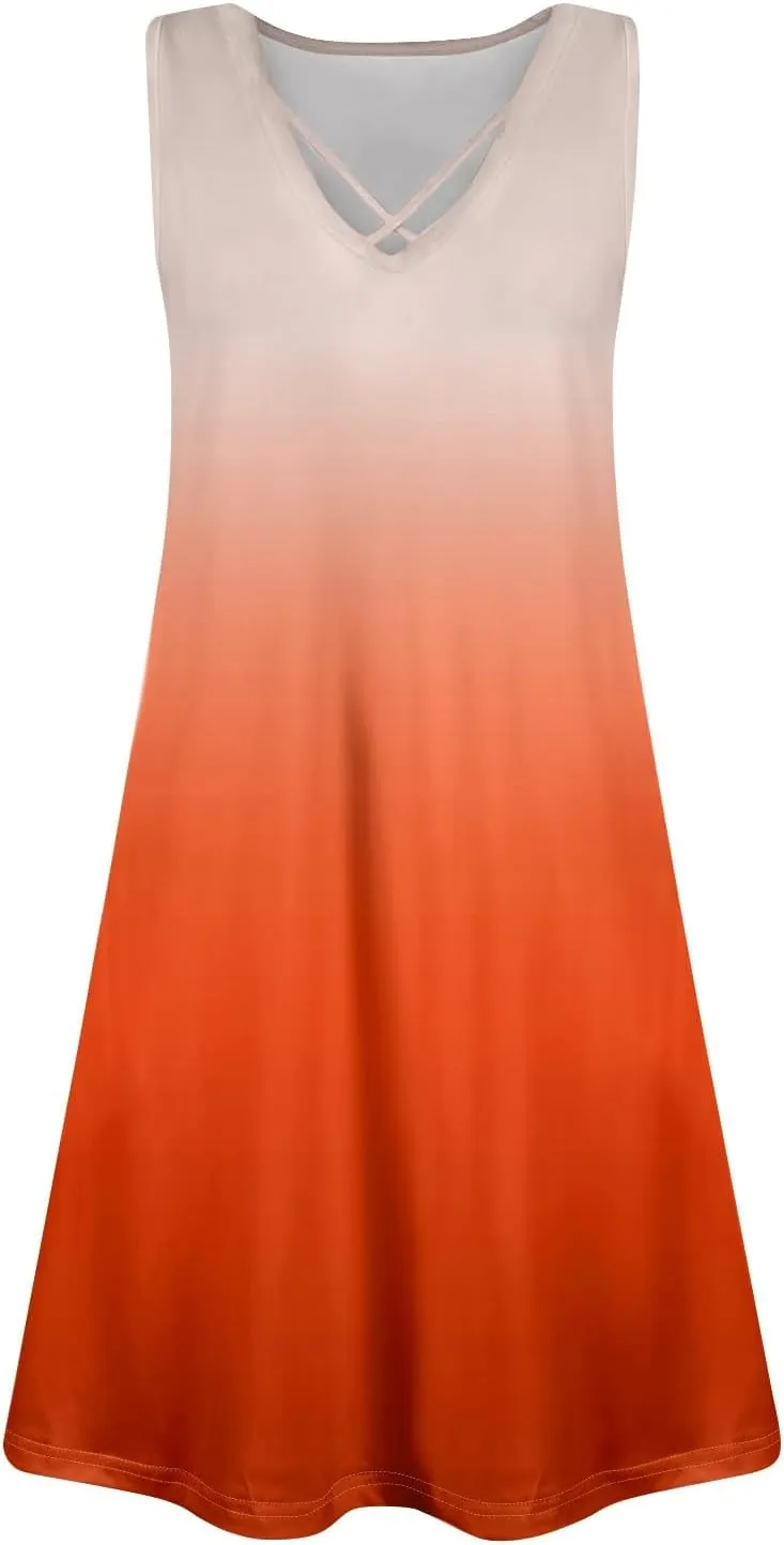 Women's Summer Dresses V Neck Sleeveless Gradient Loose Beach Vacation Casual with Pocketes Short Dress, S-3XL