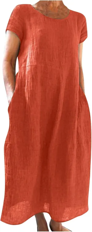 Women's Sundress Casual Loose Swing Solid Color Round Neck Short Sleeve Dress with Pockets, S-3XL