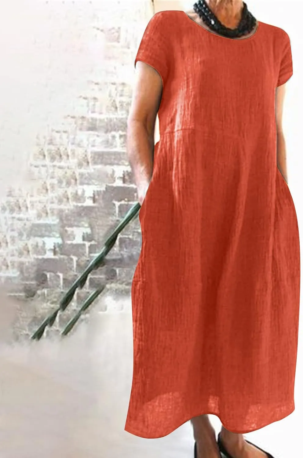 Women's Sundress Casual Loose Swing Solid Color Round Neck Short Sleeve Dress with Pockets, S-3XL