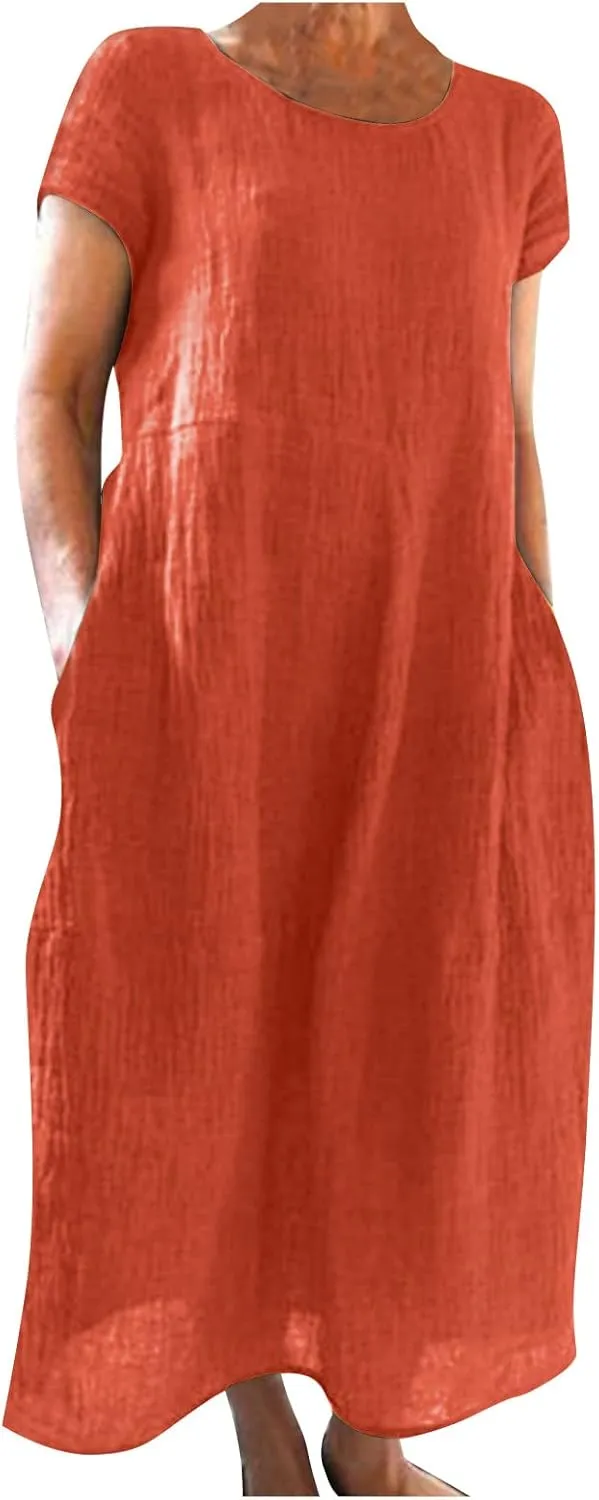 Women's Sundress Casual Loose Swing Solid Color Round Neck Short Sleeve Dress with Pockets, S-3XL