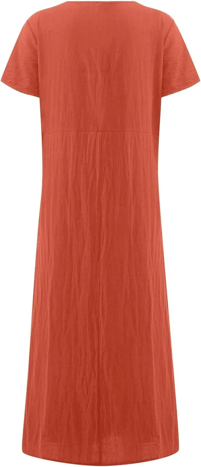 Women's Sundress Casual Loose Swing Solid Color Round Neck Short Sleeve Dress with Pockets, S-3XL