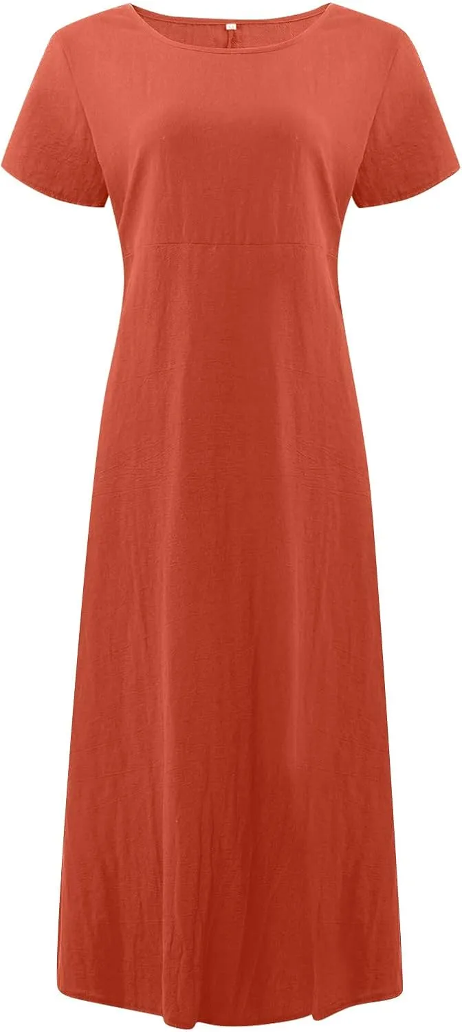 Women's Sundress Casual Loose Swing Solid Color Round Neck Short Sleeve Dress with Pockets, S-3XL