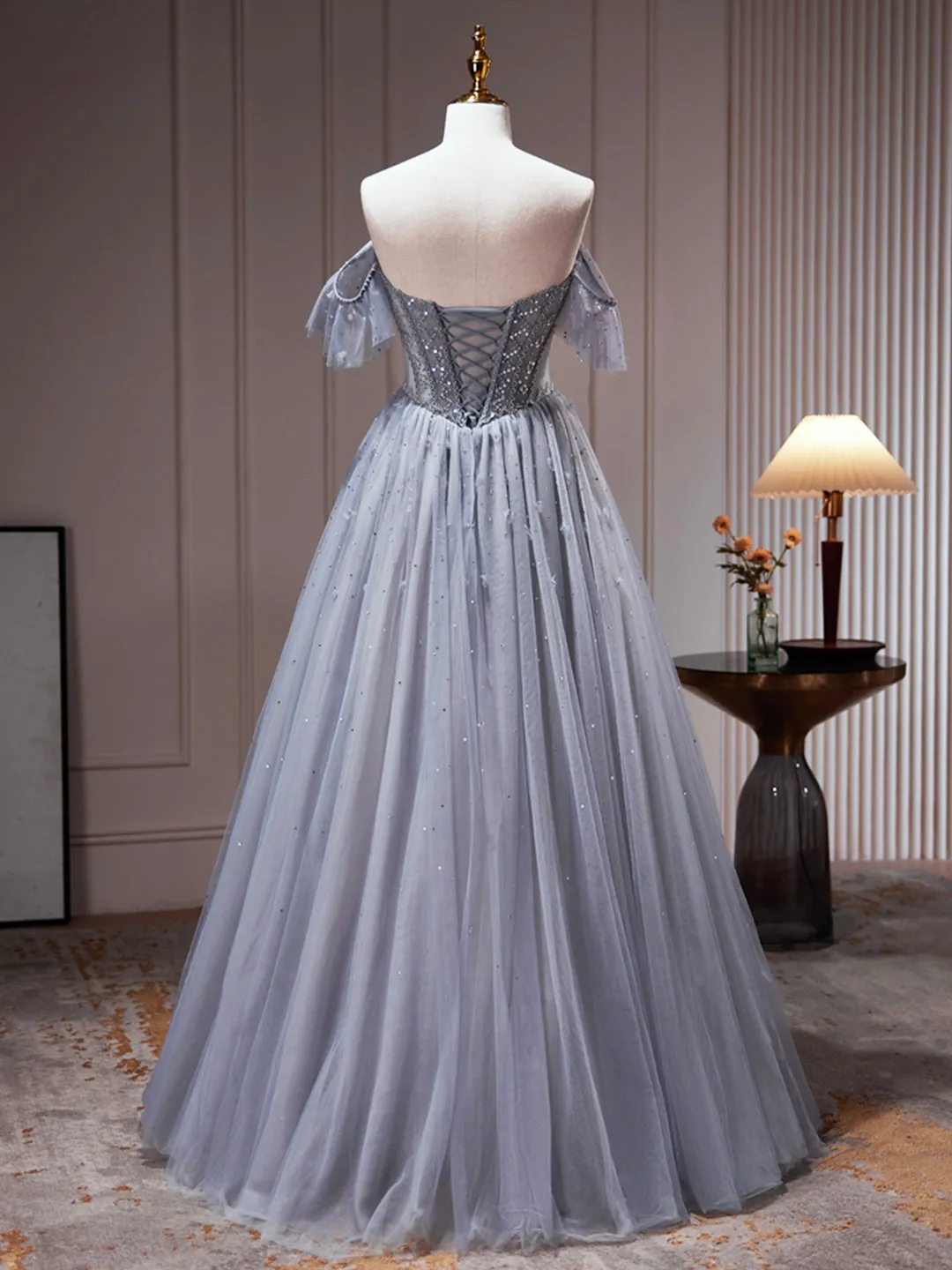 Yamileth | Gray Tulle Off Shoulder Beaded Party Dress, A-Line Tulle Formal Dress Prom Dress