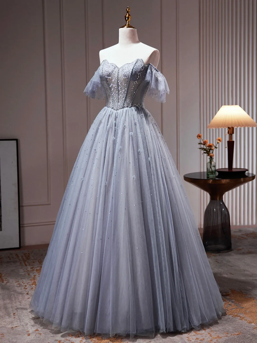 Yamileth | Gray Tulle Off Shoulder Beaded Party Dress, A-Line Tulle Formal Dress Prom Dress