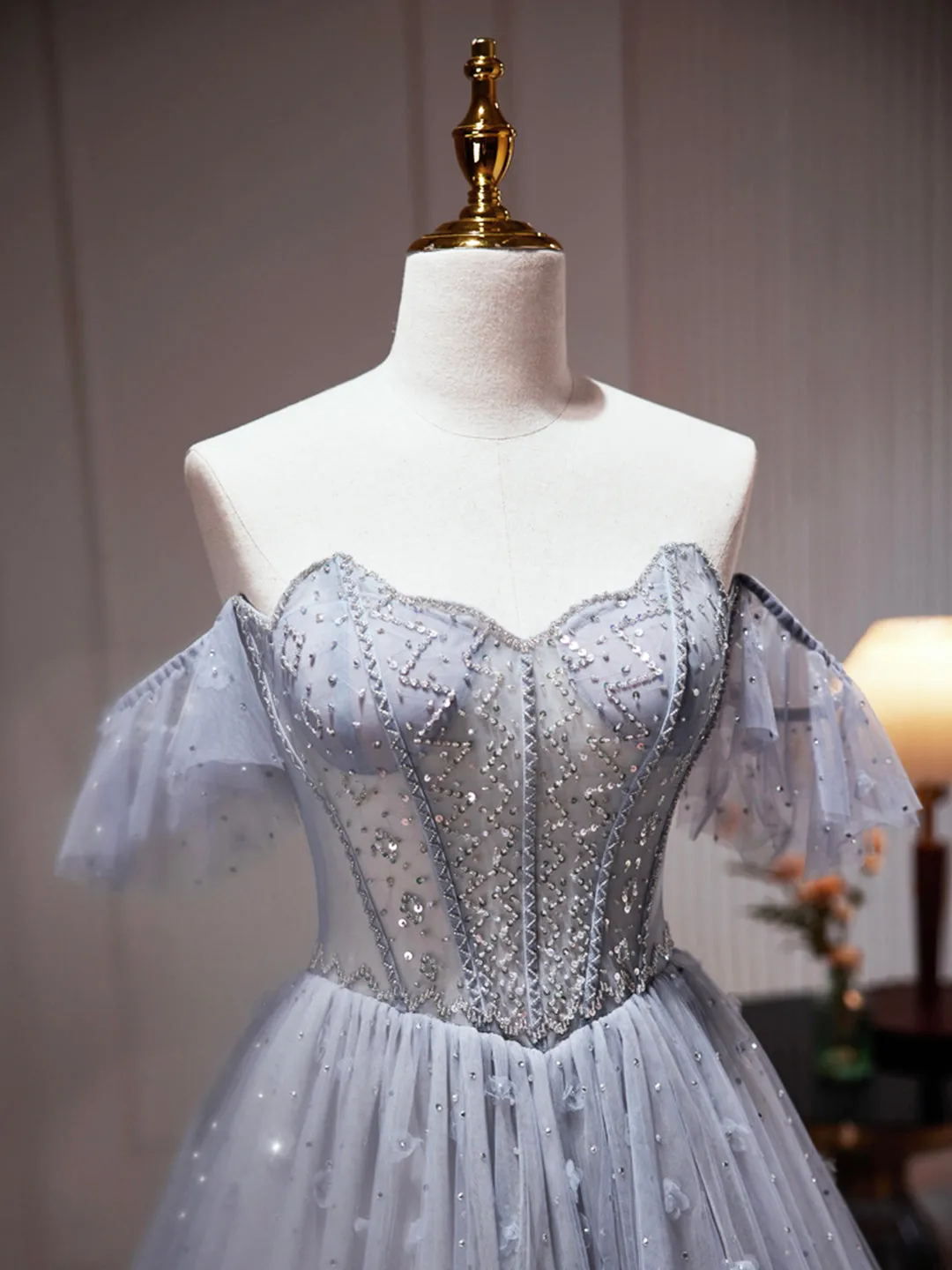 Yamileth | Gray Tulle Off Shoulder Beaded Party Dress, A-Line Tulle Formal Dress Prom Dress